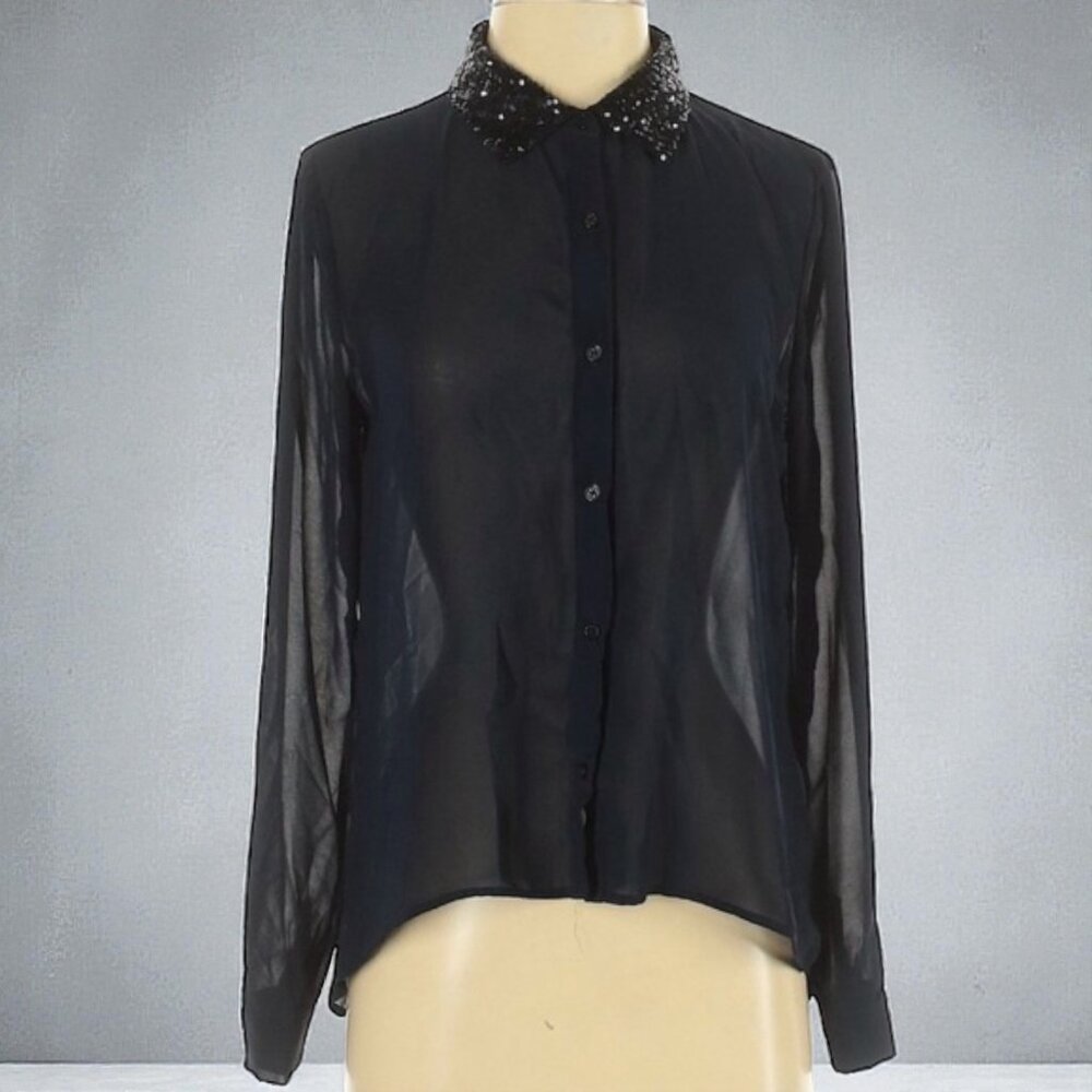 Forever 21 Dark Navy Sheer Sequin-Collar Button-Up Blouse | Size Small